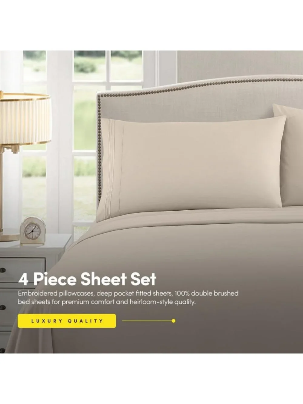 Luxury Queen Sheet Set - Extra Soft Beige Cream Bed Sheets & Pillowcases, Deep